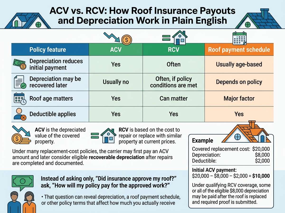 • Roof insurance calculation chart breaking down ACV, RCV, deductibles, and recoverable depreciation costs