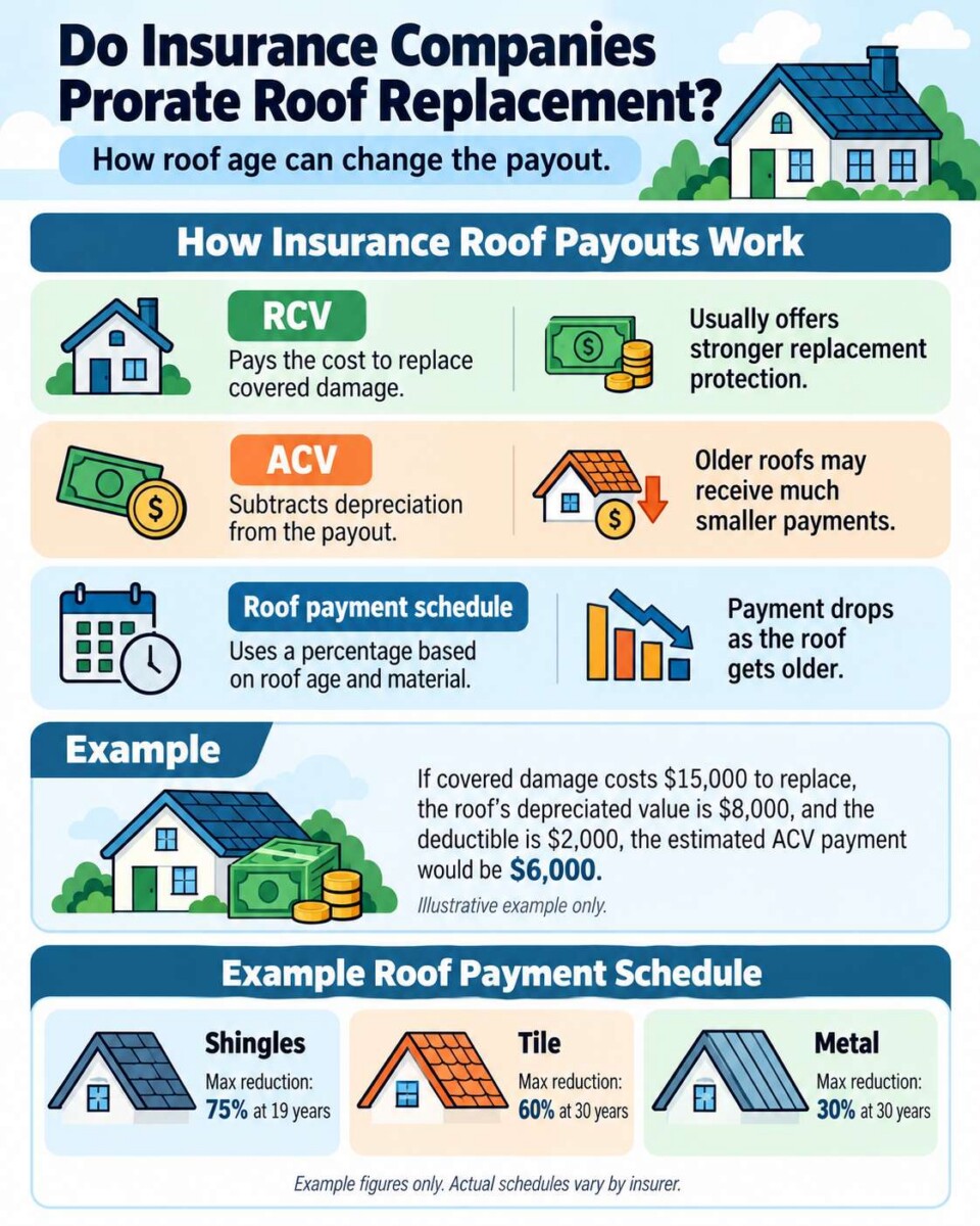 Matrix comparing ACV and RCV calculations, depreciation recovery, and staged payment schedules.