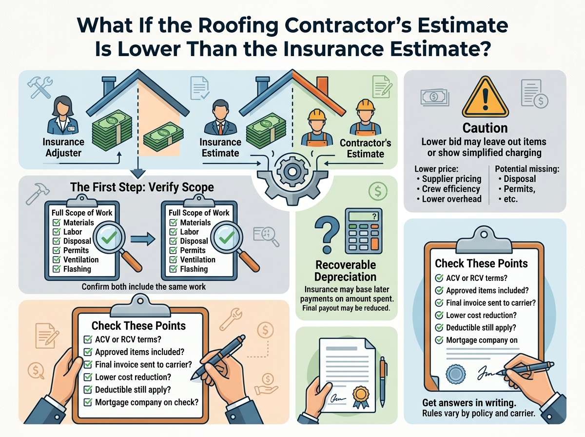 An intricate educational infographic titled, "What If the Roofing Contractor’s Estimate Is Lower Than the Insurance Estimate?".