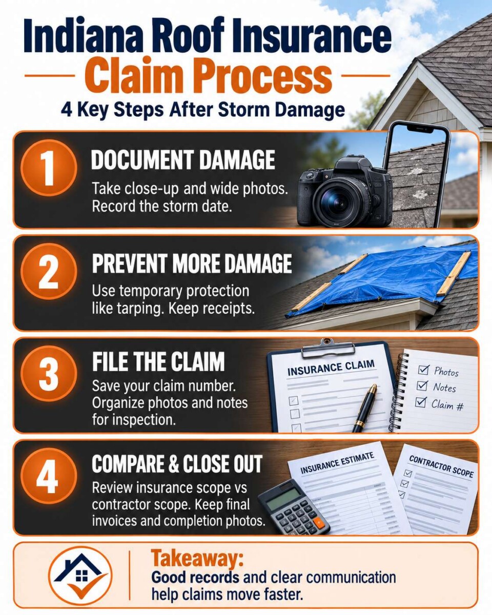 Indiana roof insurance claim process showing four key steps after storm damage.