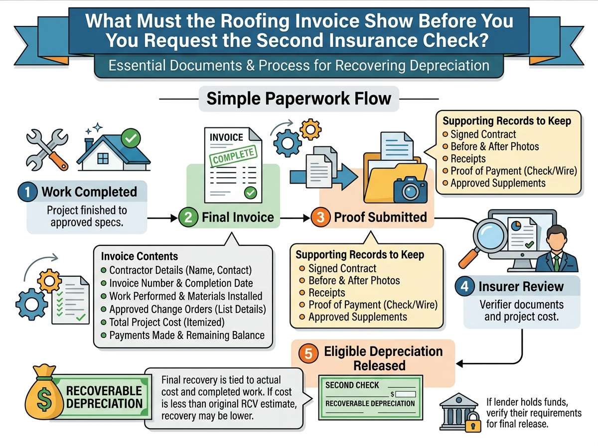An infographic detailing the 5-step process for filing a roof insurance supplement. It shows steps for comparing estimates, identifying gaps, collecting supporting evidence, submitting the request, and reviewing the insurer’s response, using illustrations, lists of required documents, and homeowner tips.
