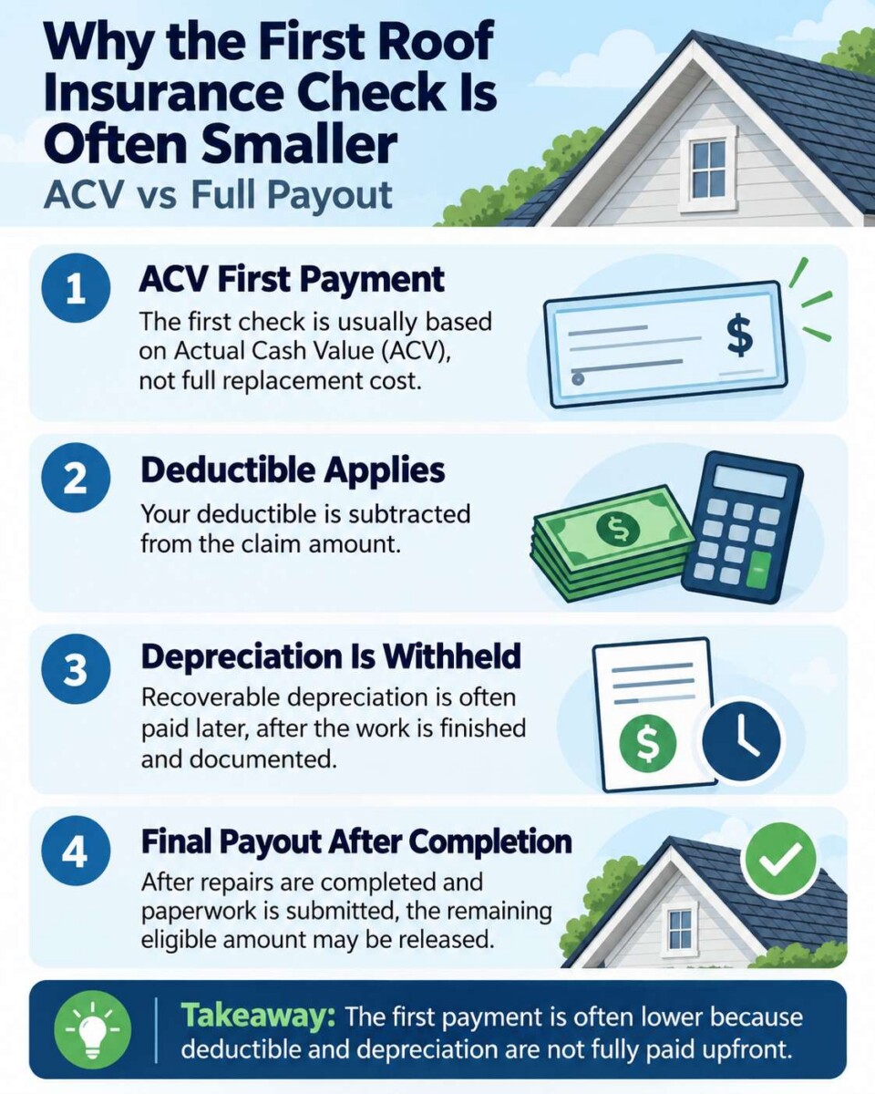 Infographic explaining why the first roof insurance check is often an ACV payment instead of the full payout.