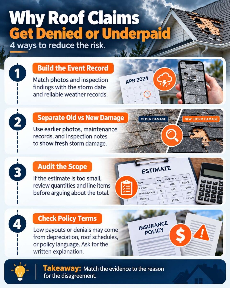 Infographic showing common reasons roof insurance claims get denied or underpaid and how to reduce the risk.