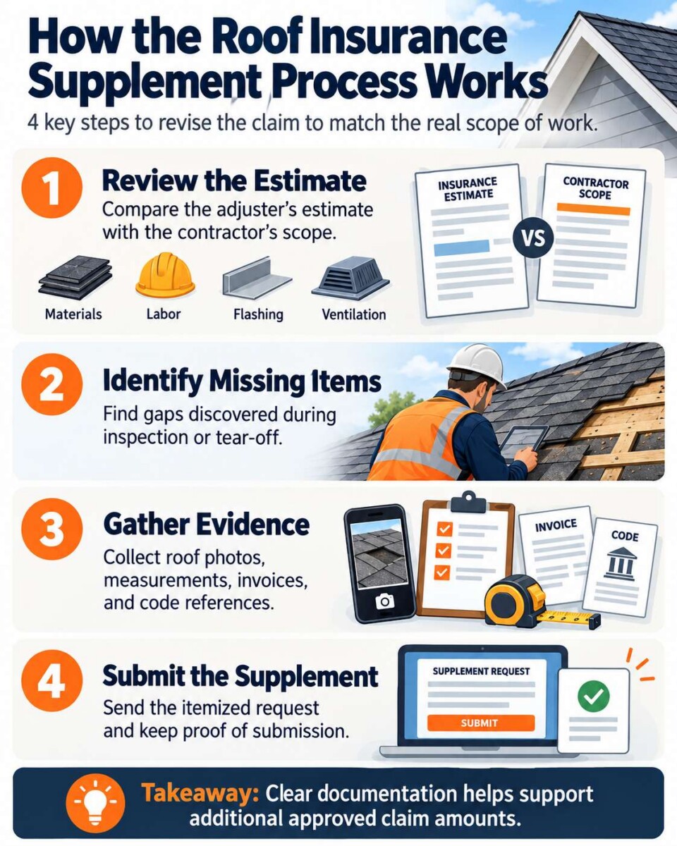 Infographic showing four key steps in the roof insurance supplement process.