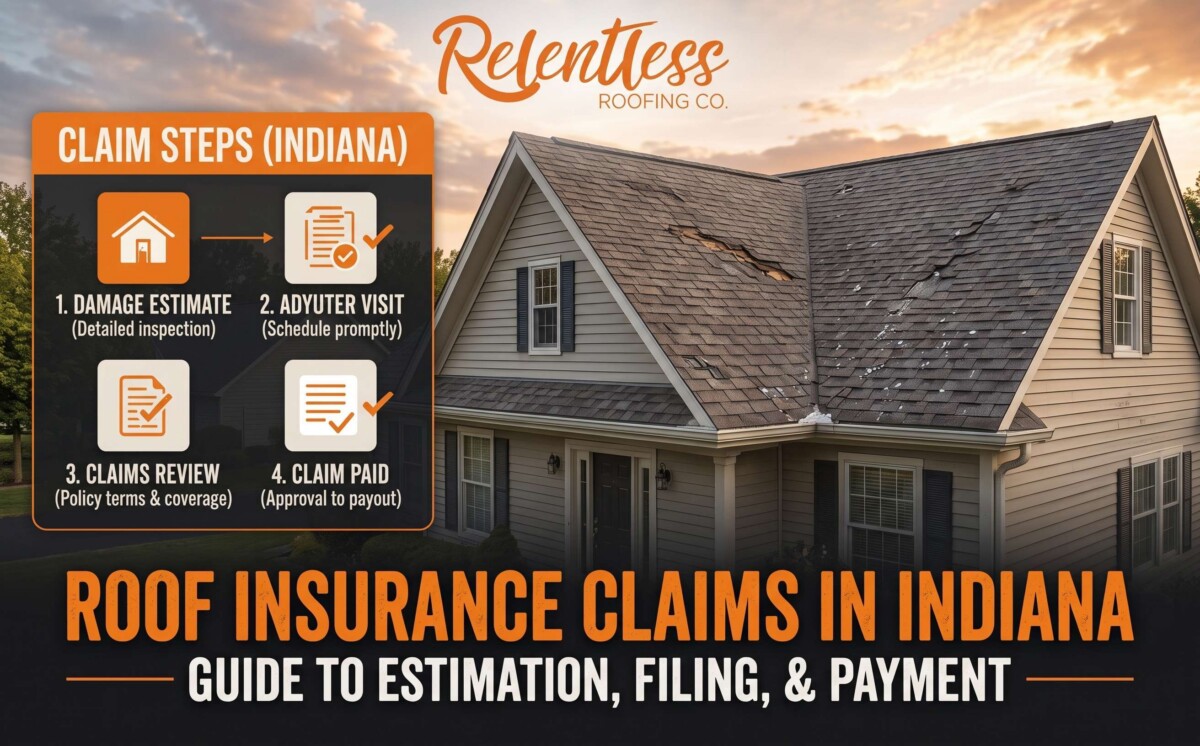 Roof insurance claims in Indiana: damage estimate, adjuster visit, claims review, and payment.