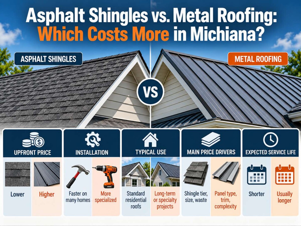 Comparison chart detailing cost and lifespan differences between asphalt shingles and metal roofing