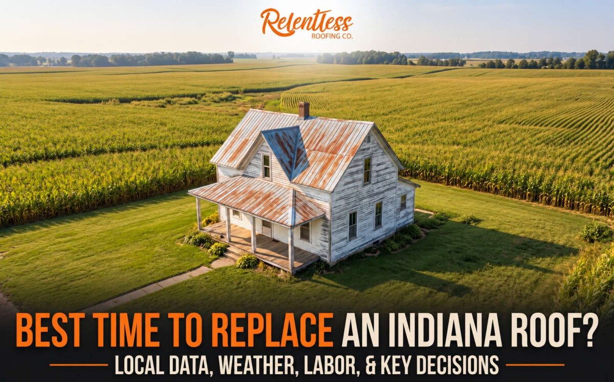 Indiana farmhouse with metal roof and Relentless Roofing Co. branding.
