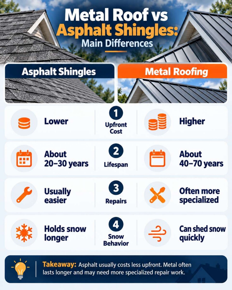 Infographic comparing metal roofing vs asphalt roofing shingles by cost, lifespan, repairs, and snow behavior.