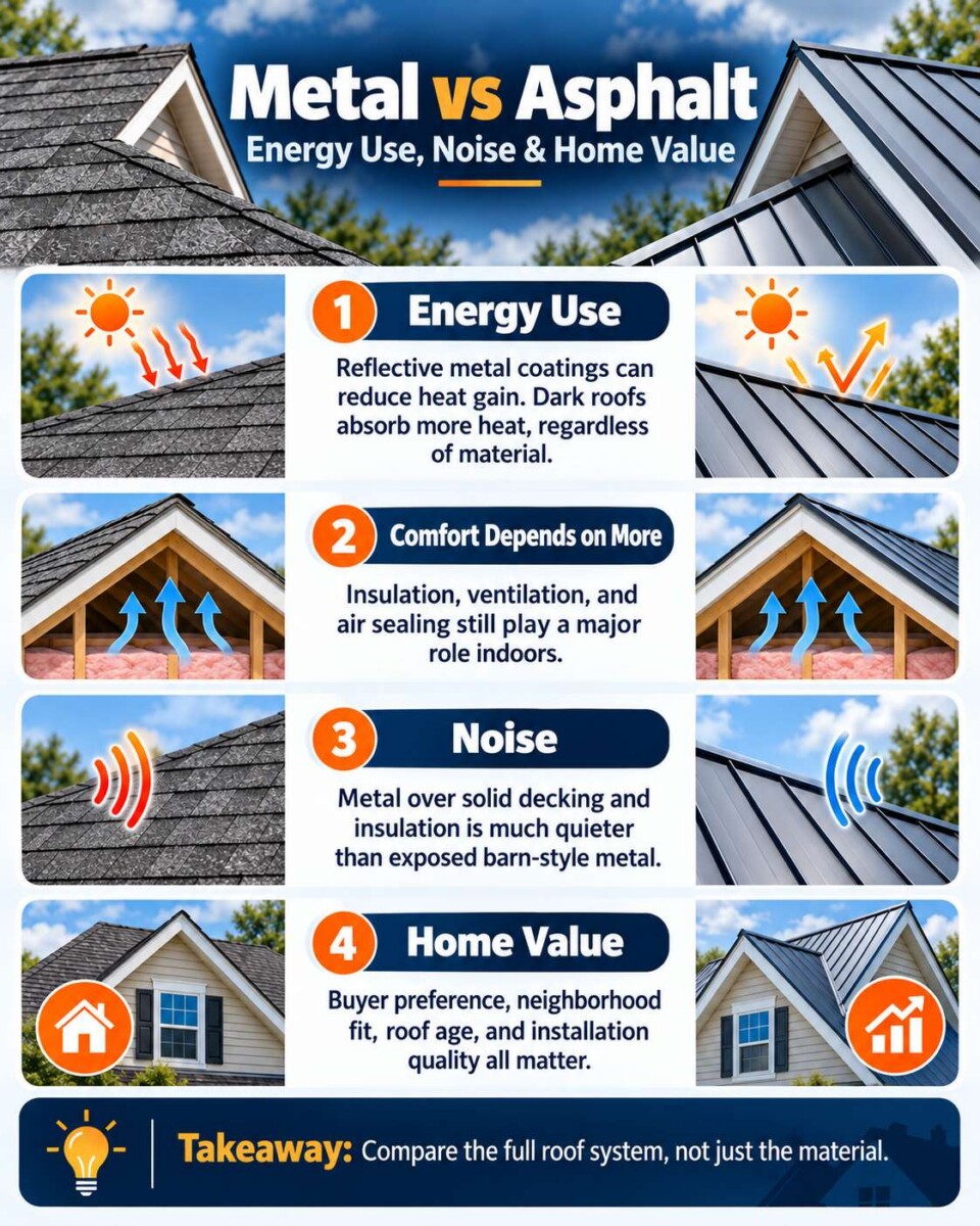 Infographic comparing metal and asphalt roofs for energy use, noise, insulation, and home value.