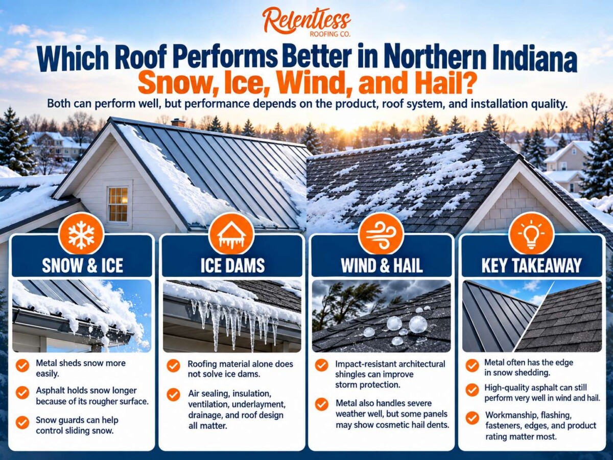• Visual comparison of a metal roof shedding winter snow versus textured asphalt shingles holding snow pack