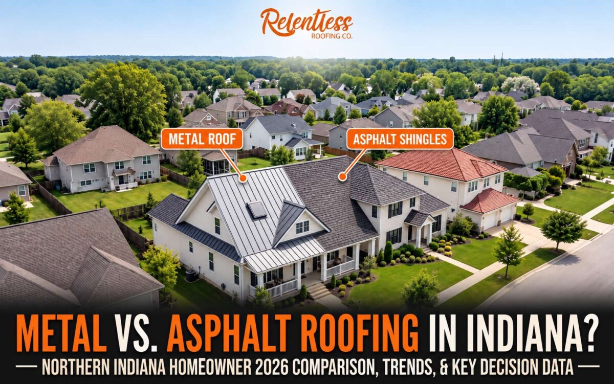 Indiana home with half metal roof and half asphalt shingle roof.