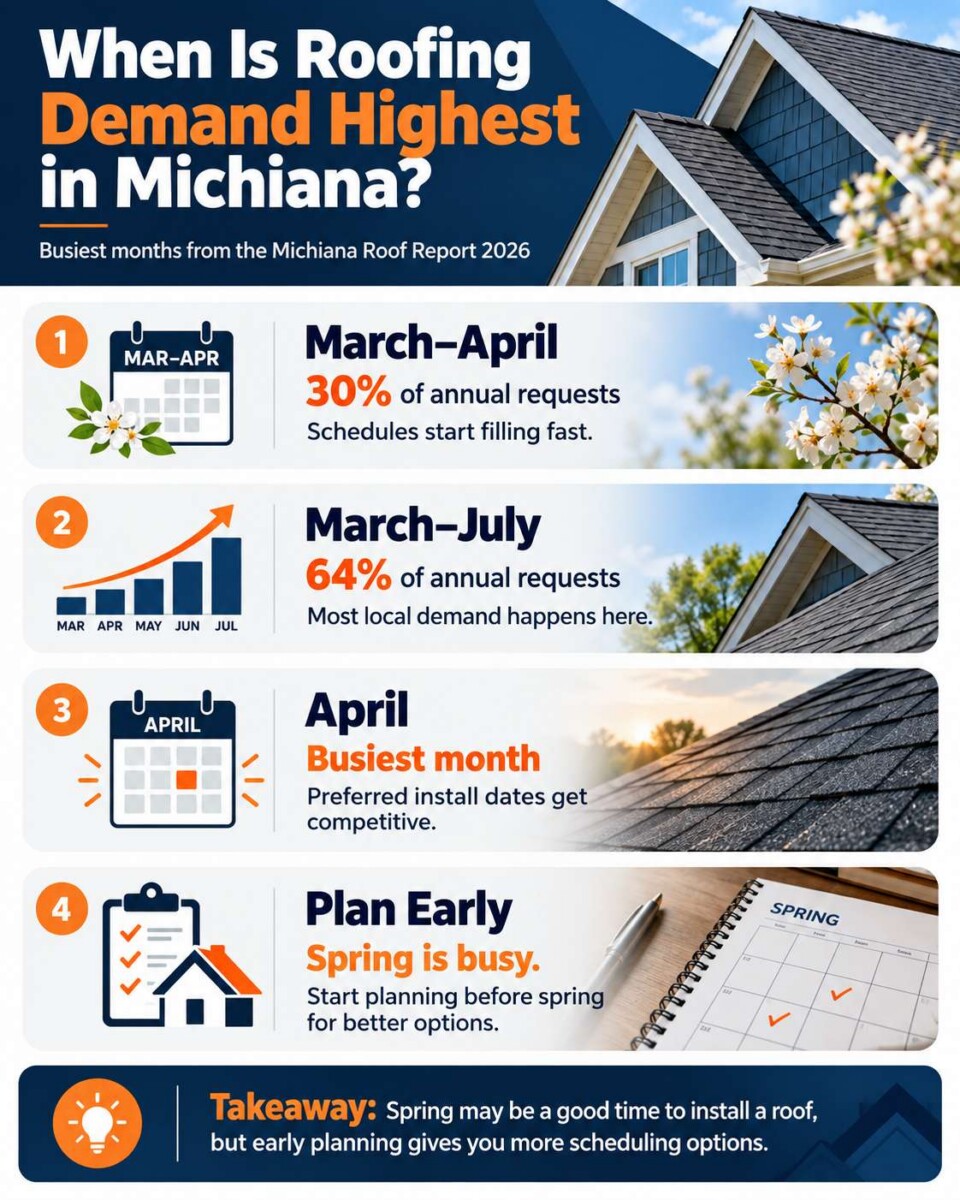 Infographic showing the busiest months for roofing demand in Michiana based on 2026 local data and also explain which is the best time to replace a roof in Indiana