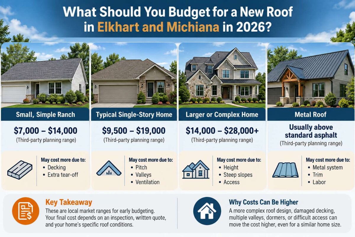 Infographic showing 2026 roof cost planning ranges for homes in Elkhart and Michiana.