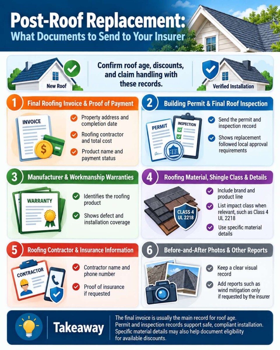 Post (should I tell roof insurance about my new roof) roof replacement infographic showing documents to send to an insurance company