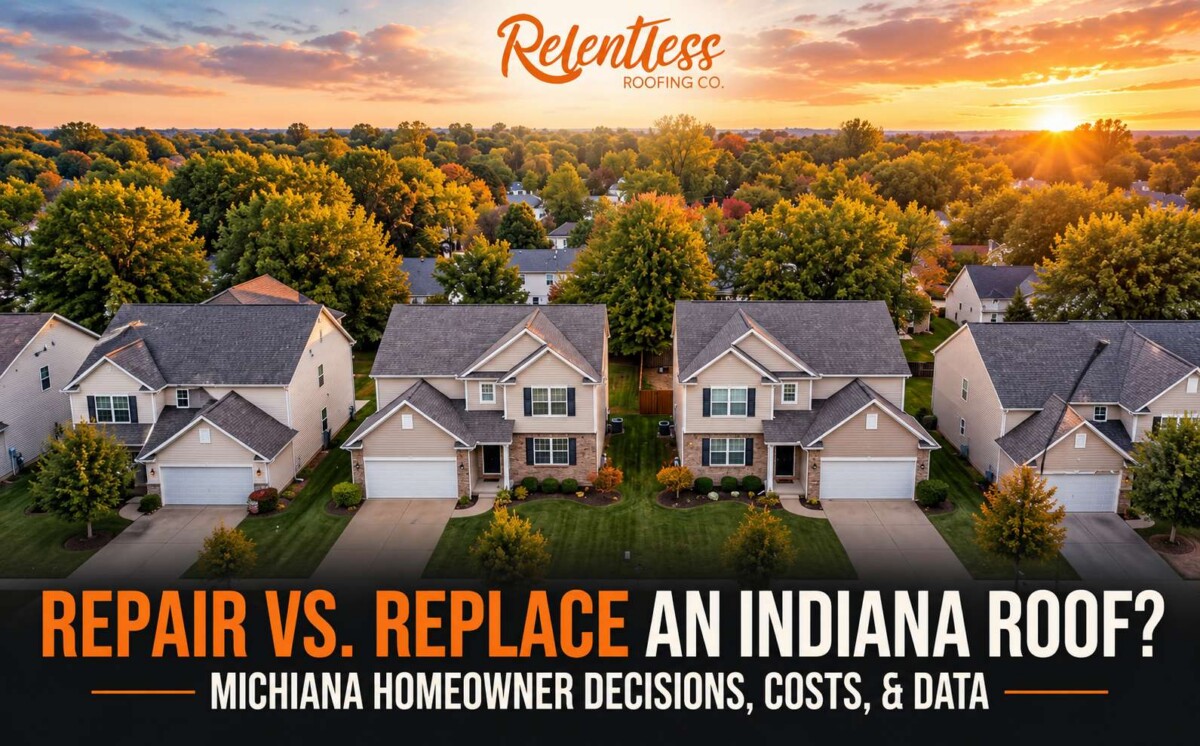 Indiana neighborhood illustrating roof repair versus roof replacement.