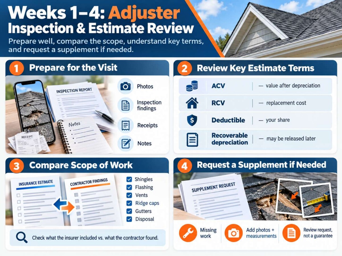 Infographic Showes Weeks 1–4: What Happens During the Adjuster Inspection and Estimate Review