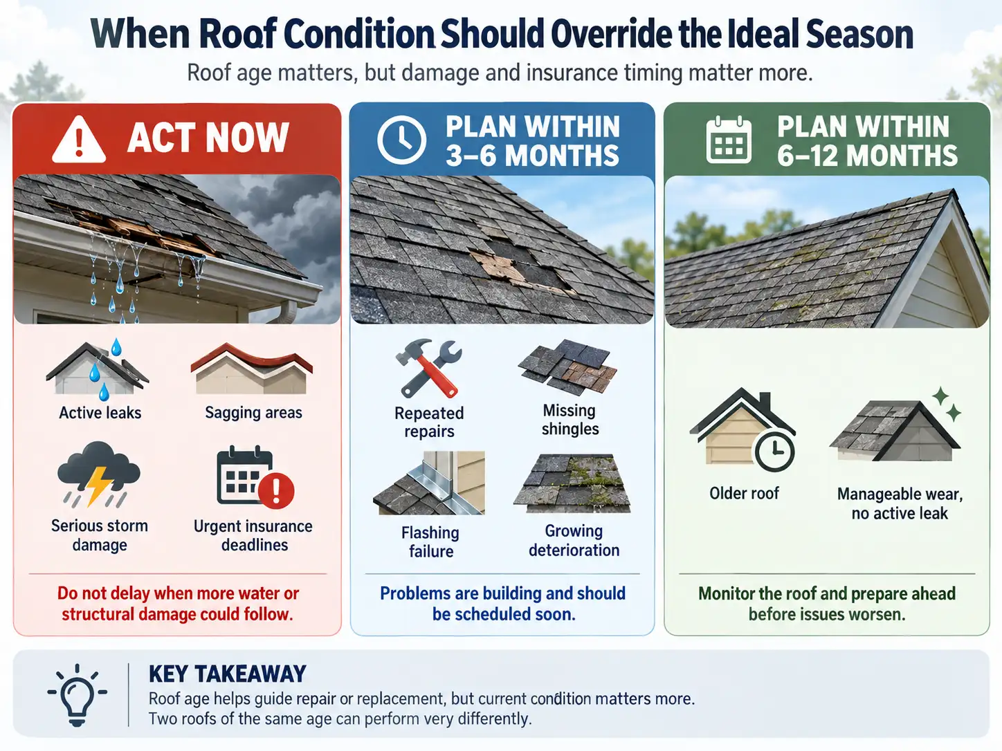 Infographic showes that when should roof age, damage, or insurance override the ideal season?
