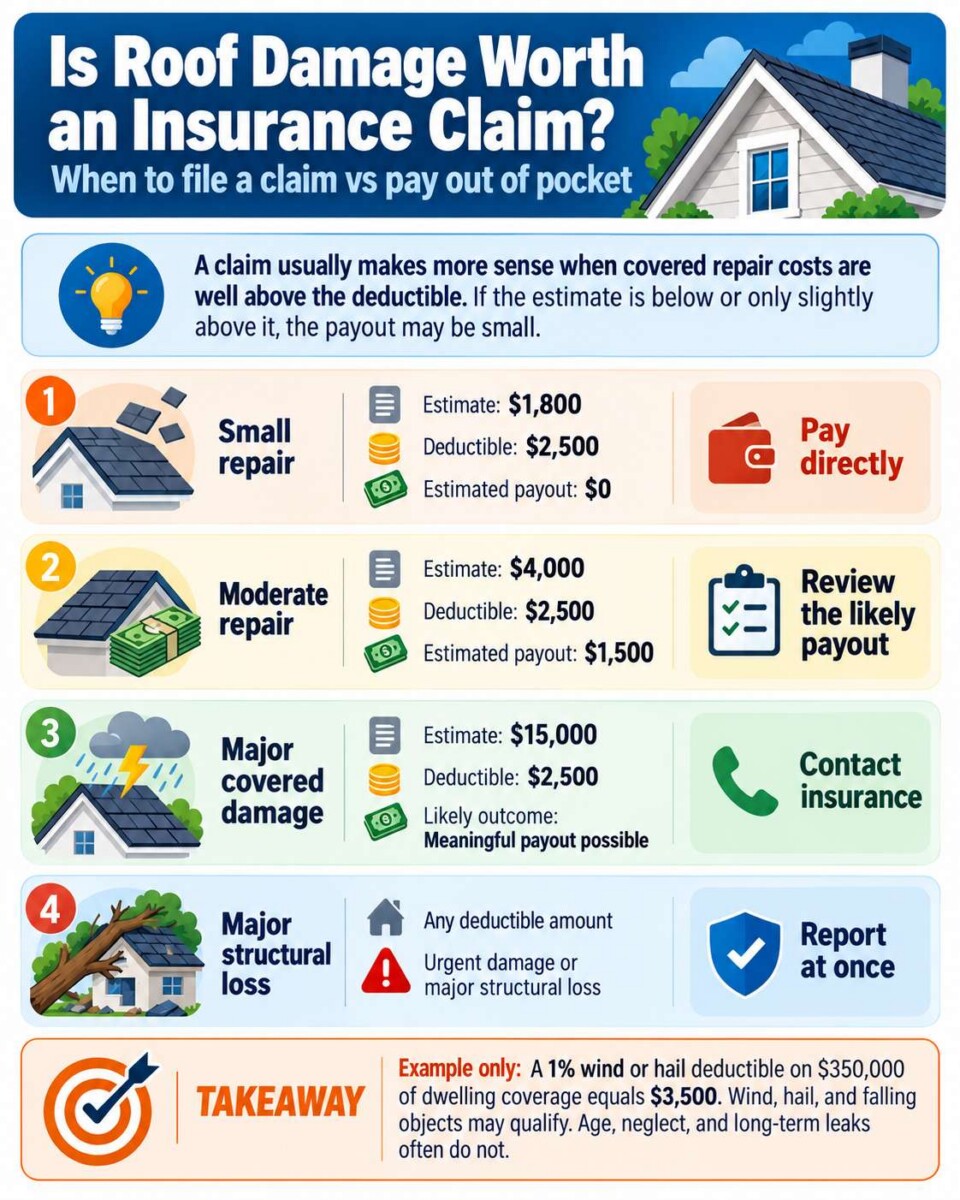 Roof storm damage insurance claim infographic comparing repair costs, deductibles, and possible payouts