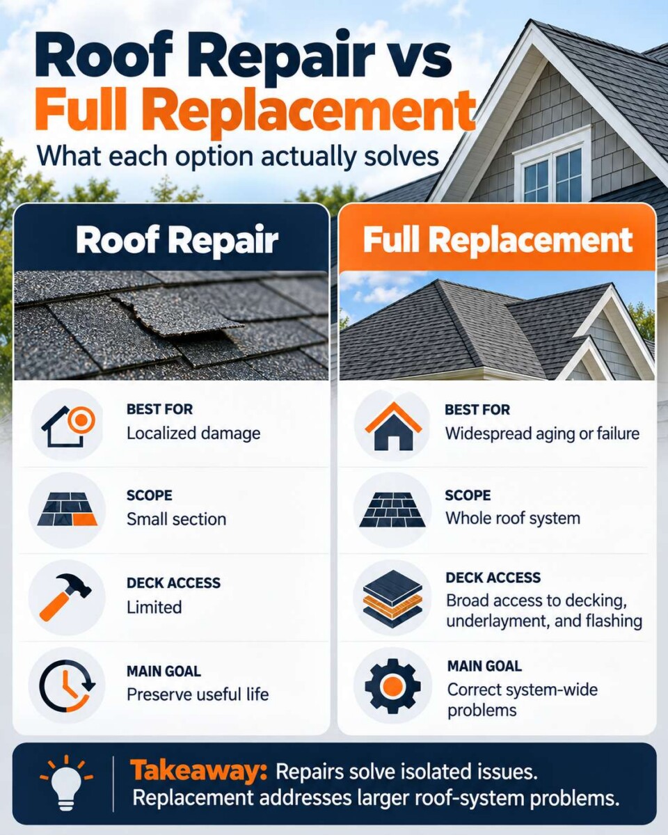 Infographic comparing roof repair vs replacement for localized damage, roof scope, deck access, and overall goals.