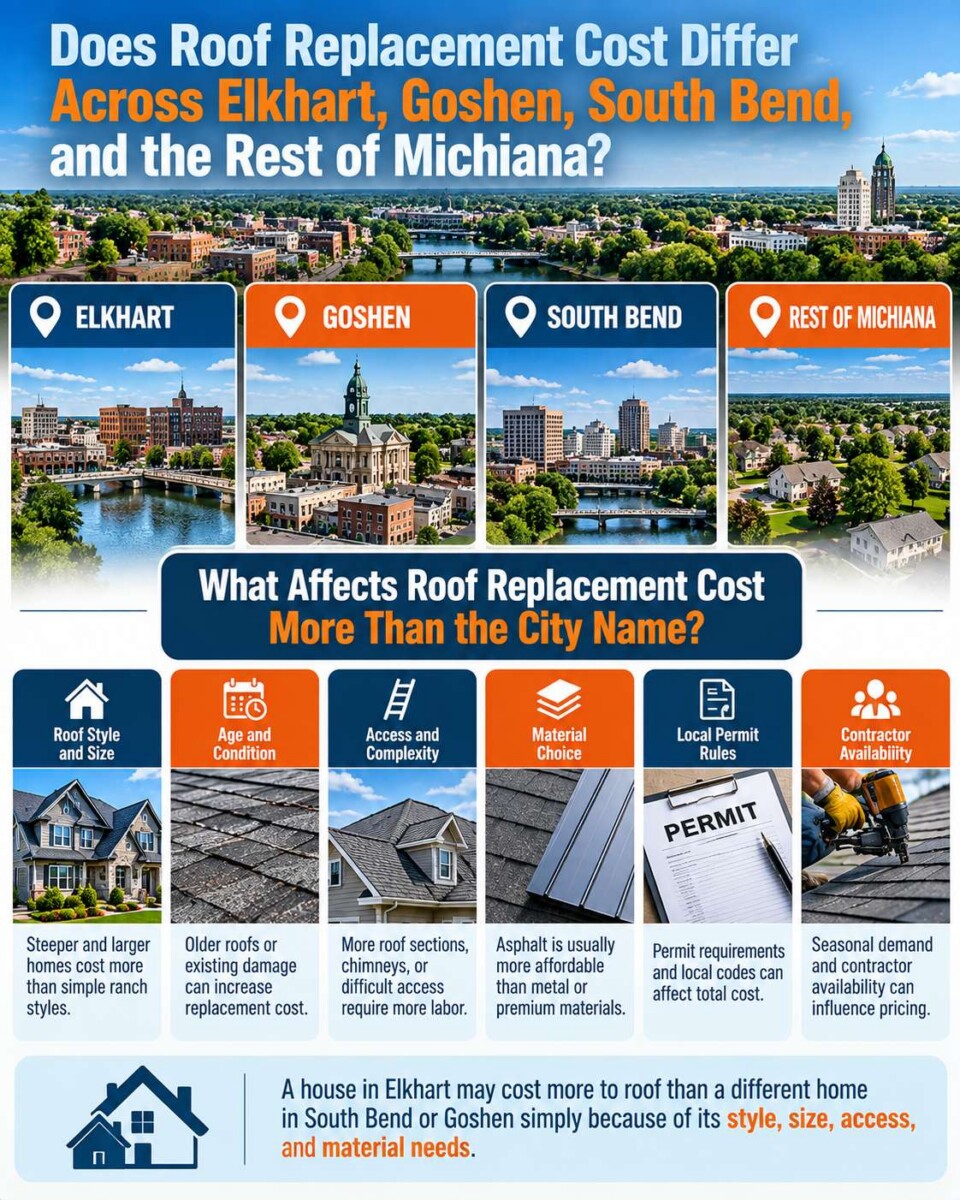 Michiana home roofing project comparing cost factors across Elkhart, Goshen, and South Bend