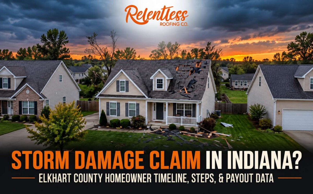 Storm-damaged Indiana home with missing roof shingles.