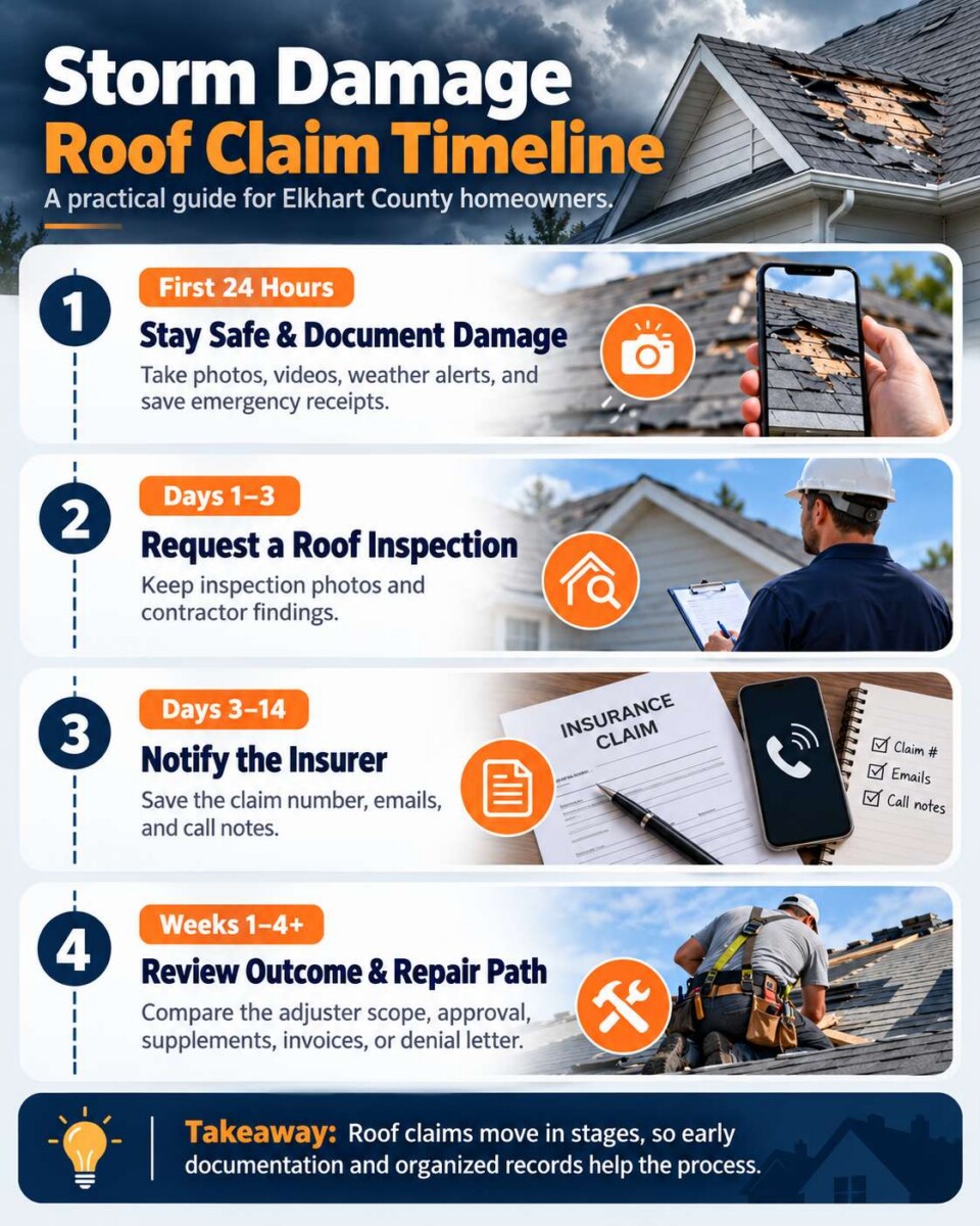 Infographic showing the main stages of a storm damage roof claim timeline for Elkhart County homeowners.