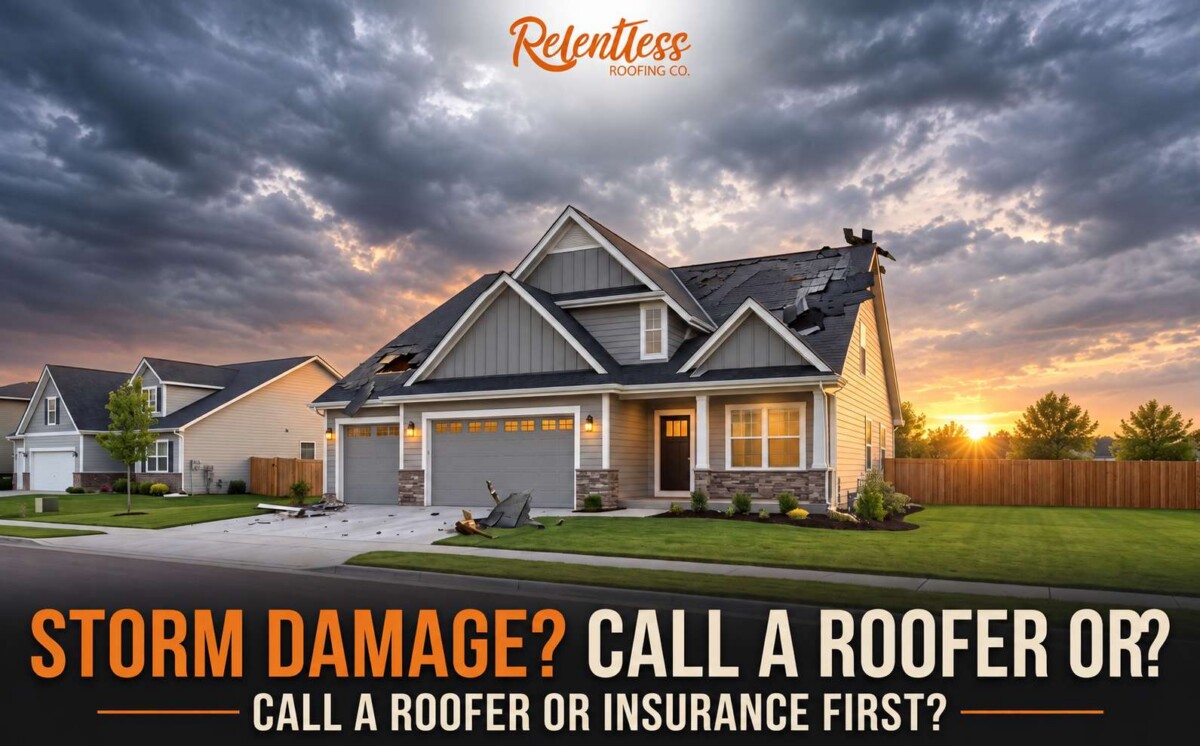 Storm-damaged roof with Relentless Roofing Co. branding.